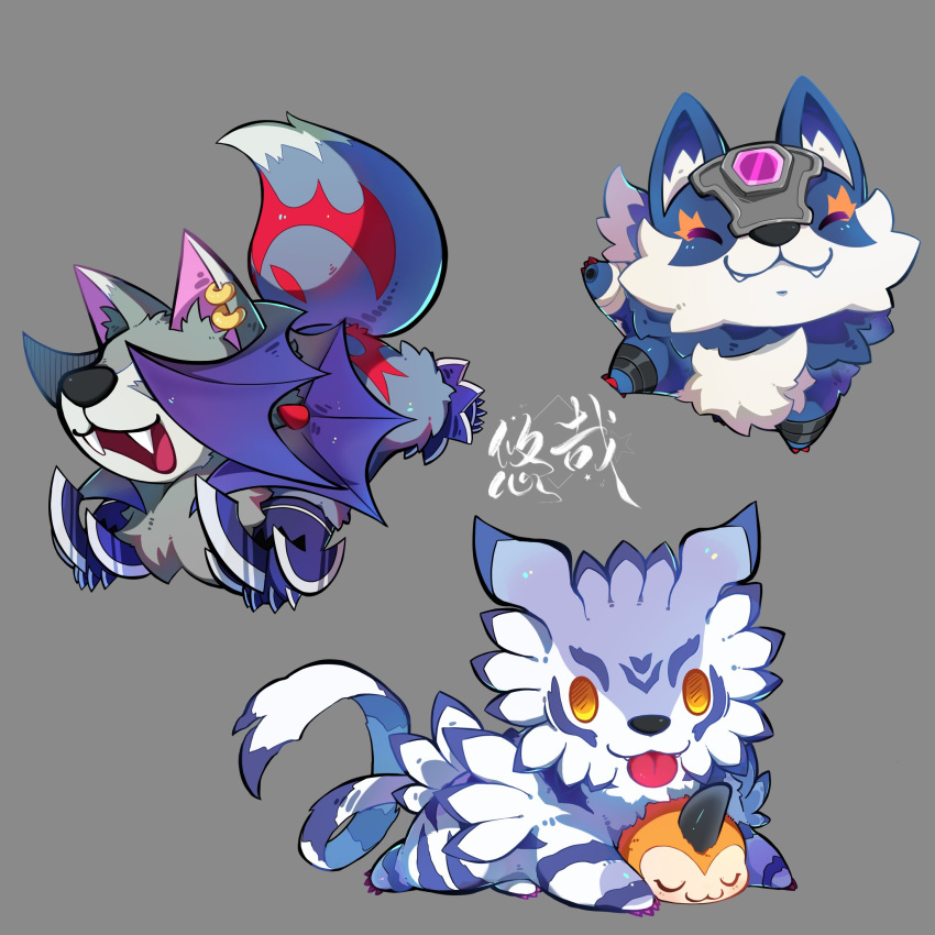 :3 bandai_namco bat_wings blep blue_body blue_fur canid canine chibi claws cute_fangs digimon digimon_(species) ear_piercing ear_ring fangs feral fur garurumon grey_body grey_fur group hi_res horn loogamon mammal membrane_(anatomy) membranous_wings orange_body orange_fur piercing ring_piercing sangloupmon smile striped_body striped_fur stripes teeth tongue tongue_out trio tsunomon waddling_head wings youzaiyouzai112