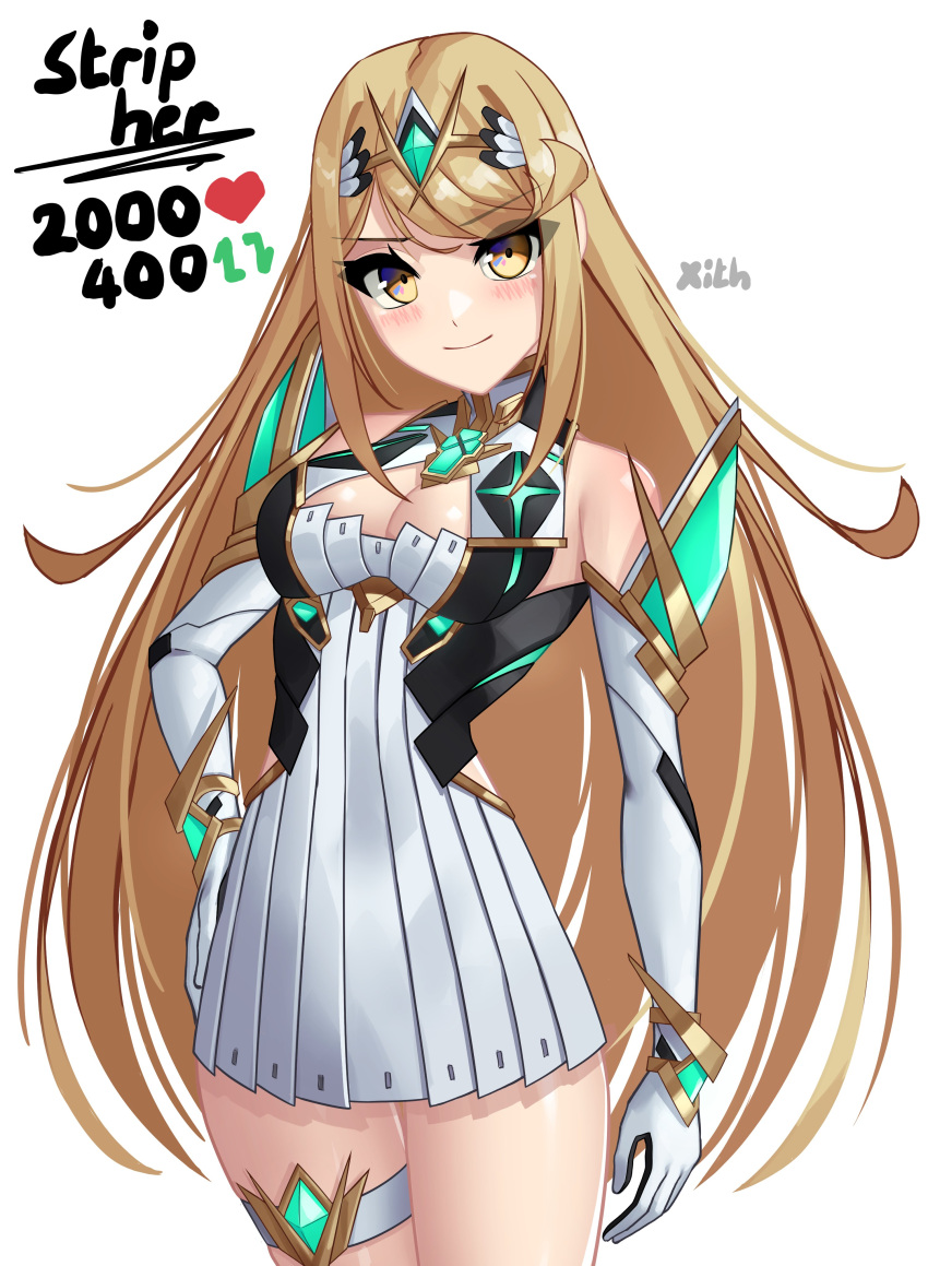 1girl absurdres bare_shoulders blonde_hair blush breasts chest_jewel cleavage dress earrings elbow_gloves english_text gloves headpiece highres jewelry large_breasts like_and_retweet long_hair looking_at_viewer meme mythra_(xenoblade) solo swept_bangs tiara twitter_strip_game_(meme) very_long_hair x_xith_x xenoblade_chronicles_(series) xenoblade_chronicles_2 yellow_eyes
