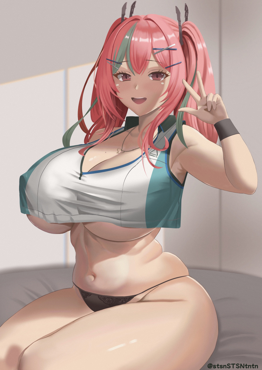 1girl absurdres armpit_peek azur_lane bed_sheet black_panties black_wristband breasts bremerton_(azur_lane) bremerton_(scorching-hot_training)_(azur_lane) brown_eyes chromatic_aberration cleavage collarbone collared_shirt covered_nipples crop_top crop_top_overhang curvy green_hair green_shirt groin hair_intakes hair_ornament hairclip heart heart_in_eye heart_necklace highres huge_breasts jewelry lace-trimmed_panties lace_trim legs_together light_blush looking_at_viewer midriff mole mole_under_eye multicolored_hair navel necklace no_pants official_alternate_costume open_mouth panties pink_hair plump revision shirt sitting sleeveless sleeveless_shirt smile solo sportswear stomach streaked_hair suteshin symbol_in_eye teeth tennis_uniform thick_thighs thighs twintails twitter_username two-tone_hair two-tone_shirt underboob underwear w white_shirt x_hair_ornament