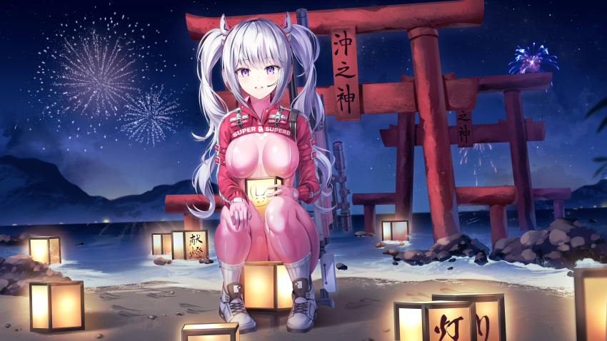 1girl absurdres alice_(nikke) bnari bodysuit breasts fireworks goddess_of_victory:_nikke hair_between_eyes highres lantern long_hair ocean open_mouth pink_bodysuit pink_eyes puffy_sleeves scenery shiny_clothes shoes skin_tight smile sneakers socks squatting teeth tongue twintails upper_teeth_only white_socks zipper zipper_pull_tab