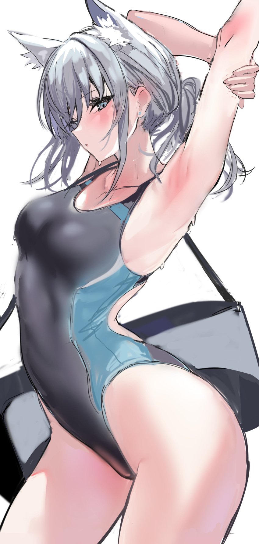 1girl absurdres animal_ears armpits arms_up bad_id bad_twitter_id bag blue_archive blue_eyes blush breasts competition_swimsuit ear_piercing grey_hair hair_between_eyes highleg highleg_swimsuit highres looking_at_viewer medium_breasts one-piece_swimsuit parted_lips piercing ponytail shiroko_(blue_archive) shiroko_(swimsuit)_(blue_archive) simple_background sketch solo swimsuit ulrich_(tagaragakuin) wet white_background