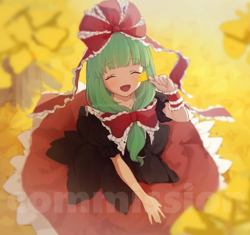 1girl blunt_bangs bow closed_eyes commission frilled_bow frilled_ribbon frills from_above front_ponytail ginkgo_leaf green_hair hair_bow hair_ribbon highres holding holding_leaf honotai kagiyama_hina leaf red_bow red_ribbon ribbon skeb_commission smile solo touhou twitter_username watermark