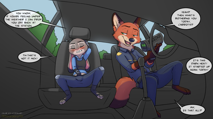 2023 absurd_res anthro blue_bottomwear blue_clothing blue_pants blush bottomwear canid canine car clothing collaboration dialogue digital_media_(artwork) disney duo eyes_closed female fox hi_res judy_hopps kuroodod lagomorph leporid letodoesart male mammal masturbation nick_wilde pants police_car police_officer rabbit speech_bubble topwear vehicle zootopia