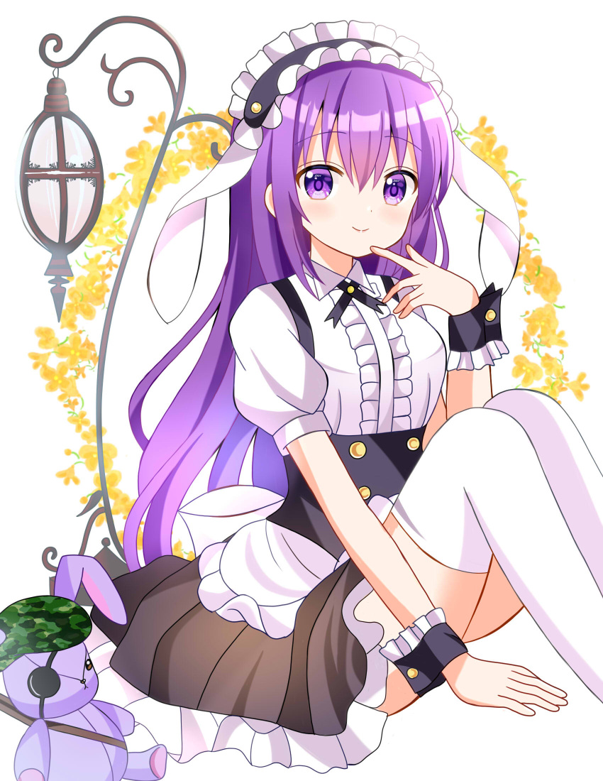 1girl animal_ears black_dress black_hairband black_wrist_cuffs closed_mouth commentary_request dress fake_animal_ears fleur_de_lapin_uniform floppy_ears frilled_dress frilled_hairband frills gochuumon_wa_usagi_desu_ka? hair_between_eyes hairband highres lolita_hairband long_hair looking_at_viewer purple_eyes purple_hair rabbit_ears ryoutan short_sleeves smile solo stuffed_animal stuffed_rabbit stuffed_toy tedeza_rize thighhighs white_thighhighs wrist_cuffs