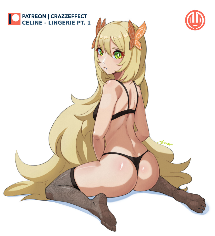 1girl ass bare_arms bare_shoulders black_bra black_panties blonde_hair bra celine_(fire_emblem) commentary_request crazzeffect fire_emblem fire_emblem_engage green_eyes grey_thighhighs hair_between_eyes highres long_hair looking_at_viewer no_headwear no_shoes panties parted_lips simple_background sitting solo thighhighs thighs underwear underwear_only very_long_hair wariza white_background