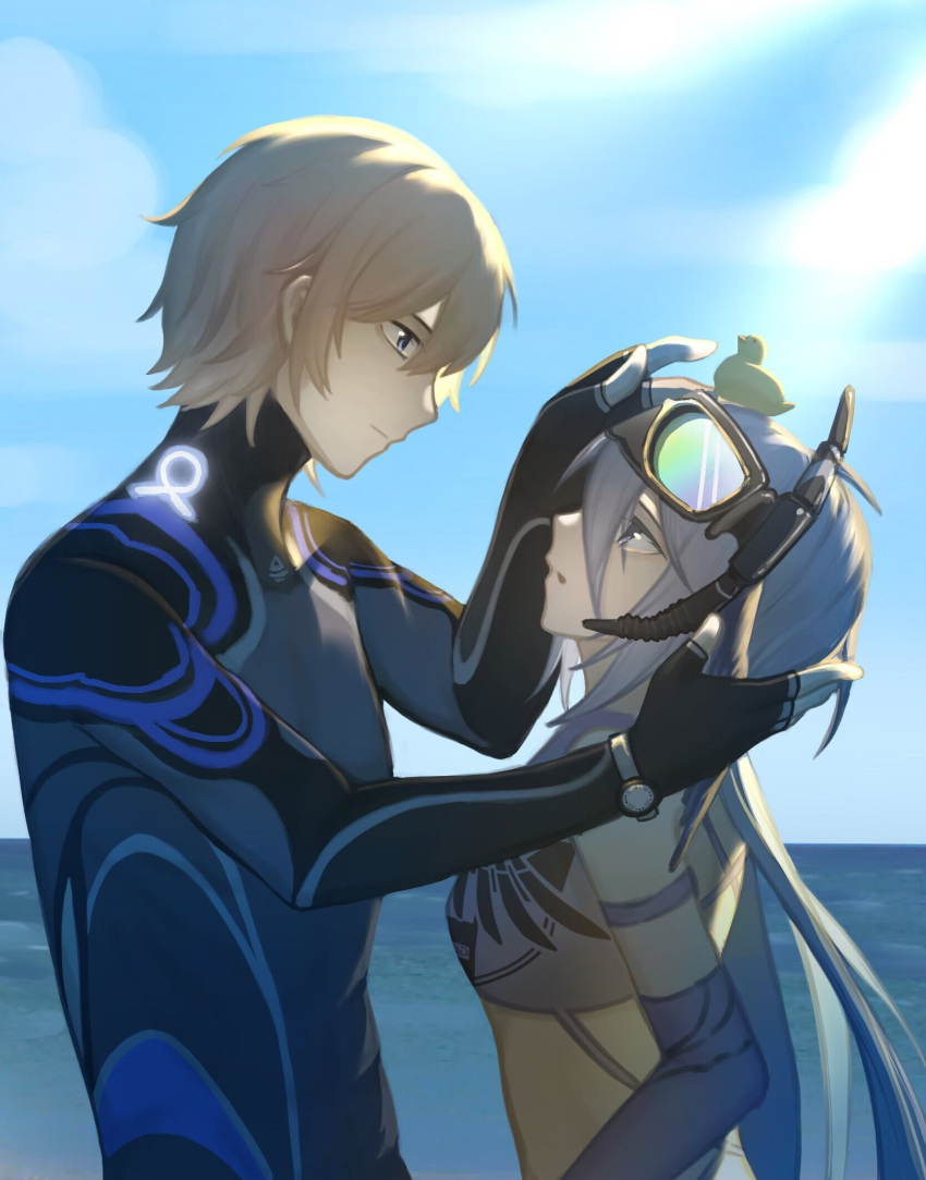 1boy 1girl black_wetsuit blonde_hair blue_eyes character_request closed_mouth elbow_gloves from_side gloves goggles goggles_on_head grey_eyes grey_gloves grey_hair grey_shirt hair_between_eyes hands_on_another's_face hands_on_another's_head highres horizon lee:_hyperreal_(punishing:_gray_raven) lee_(punishing:_gray_raven) long_hair looking_at_another midriff ocean parted_lips punishing:_gray_raven shanghanhanshang shirt short_hair sky sleeveless sleeveless_shirt snorkel watch wristwatch