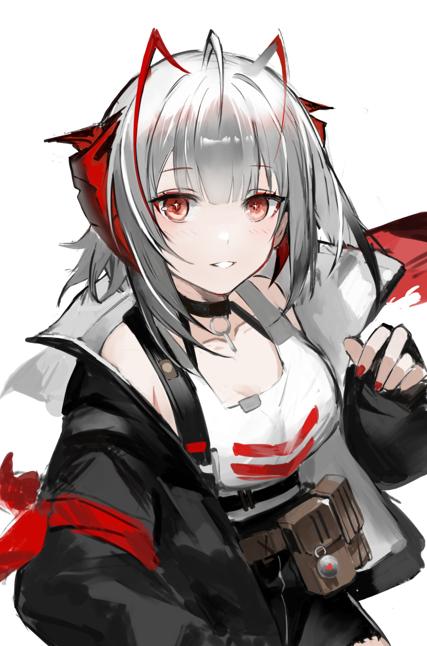 +_+ 1girl absurdres ahoge antennae arknights black_choker black_jacket black_shorts breasts choker demon_horns grey_hair highres horns jacket long_sleeves looking_at_viewer medium_breasts official_alternate_costume open_clothes open_jacket parted_lips red_eyes red_nails s_4ik4 short_hair shorts simple_background smile solo tank_top upper_body w_(arknights) white_background white_tank_top