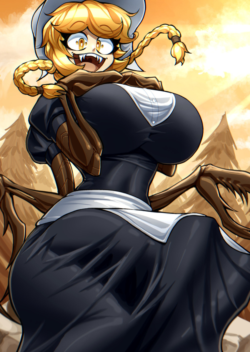 absurdres apron arthropod_girl arthropod_limbs black_dress blonde_hair bonnet braid breasts cliffside cordie dress english_commentary extra_arms extra_pupils hado_(zzzhadozzz) highres large_breasts looking_at_viewer medium_hair monster_girl open_mouth outdoors pincers pine_tree sharp_teeth smile spider_girl teeth tree twin_braids white_apron white_headwear