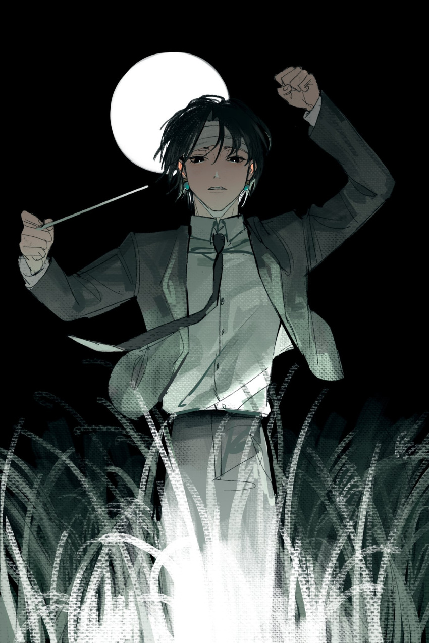 1boy bandaged_head bandages baton_(conducting) black_eyes black_hair black_suit chrollo_lucilfer collared_shirt cowboy_shot earrings formal highres hunter_x_hunter jewelry layered_sleeves long_sleeves looking_at_viewer male_focus moon myyykco necktie shirt short_hair solo suit white_shirt