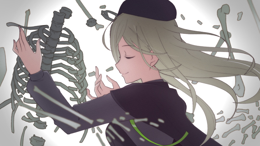 1girl beret black_cape black_headwear blonde_hair bone breasts cape closed_eyes closed_mouth floating green_ribbon grey_shirt hat highres higurashi_no_naku_koro_ni long_hair long_sleeves otome_kaibou_(vocaloid) parody parted_bangs profile ribbon ribs shirt simple_background skeleton smile solo spine takano_miyo tonogai_yoshiki vocaloid