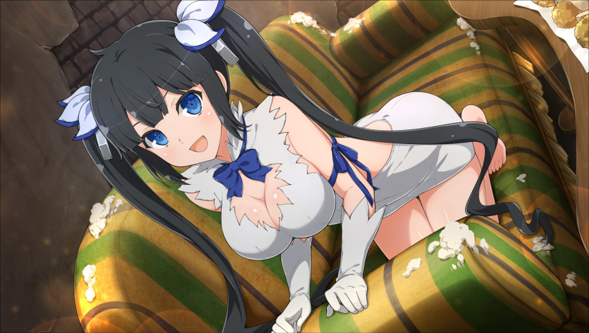 1girl arm_ribbon barefoot black_hair blue_eyes blue_ribbon blush breasts broken_furniture cleavage cleavage_cutout clothing_cutout couch damaged dress dungeon_ni_deai_wo_motomeru_no_wa_machigatteiru_darou_ka food gloves hair_ornament hair_ribbon hestia_(danmachi) large_breasts long_hair looking_at_viewer official_art on_couch open_mouth pencil_dress rei_no_himo ribbon senran_kagura senran_kagura_new_link smile solo twintails white_dress white_gloves yaegashi_nan