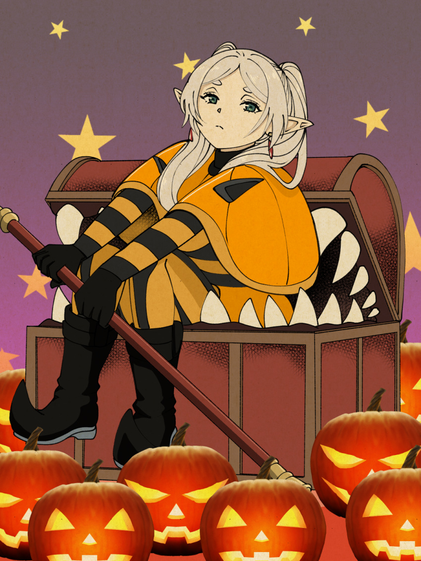 1girl a-king black_gloves boots capelet earrings elf frieren gloves green_eyes halloween highres holding holding_staff jack-o'-lantern jewelry mage_staff mimic mimic_chest pointy_ears sharp_teeth sitting sousou_no_frieren staff star_(symbol) teeth treasure_chest twintails white_hair