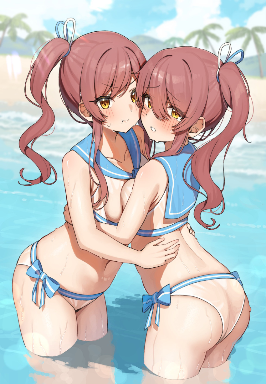 2girls absurdres arched_back ass beach bikini blue_ribbon blue_sailor_collar blue_sky blurry blurry_background blush breast_press breasts closed_mouth cloud day hair_between_eyes hair_ribbon highres hug idolmaster idolmaster_shiny_colors leaning_forward long_hair looking_at_viewer medium_breasts multiple_girls navel osaki_amana osaki_tenka outdoors palm_tree parted_lips pout raised_eyebrows ribbon sailor_collar see-through siblings side_ponytail sisters sky swimsuit tearing_up thighs tree v-shaped_eyebrows wading wanimaru water wet wet_hair white_bikini white_ribbon yellow_eyes