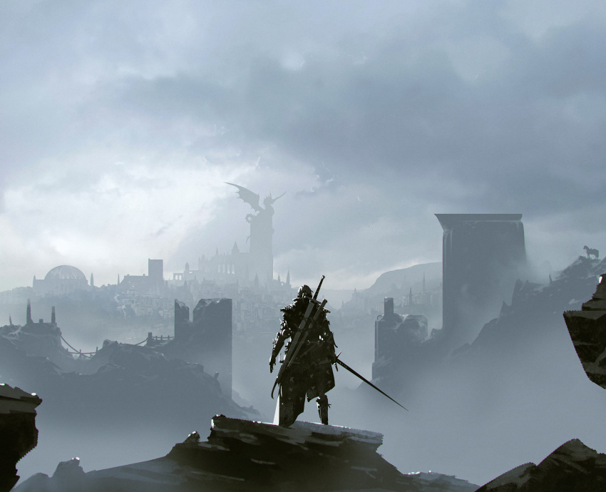 1boy absurdres animal boots building city cloud cloudy_sky dragon from_behind geralt_of_rivia highres holding holding_sword holding_weapon horse kalmahul male_focus outdoors scenery sky solo standing sword the_witcher_(series) weapon