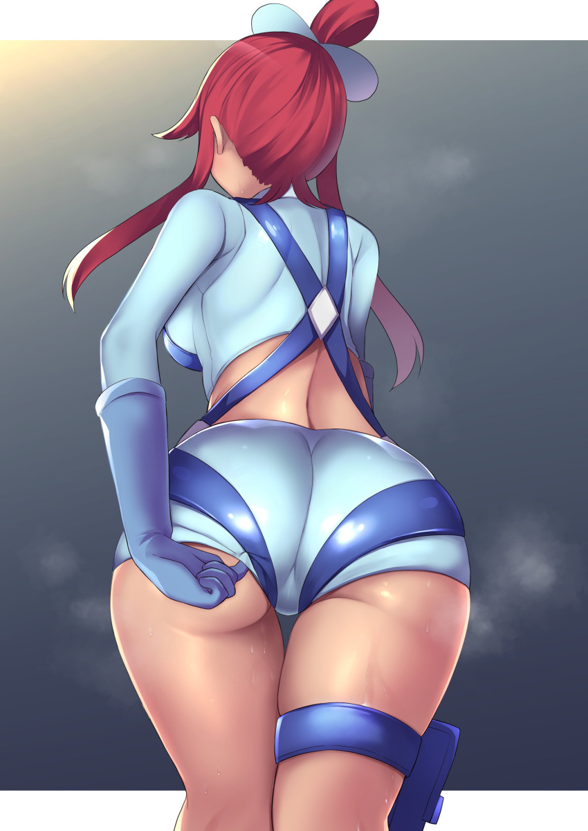 1girl absurdres ass blue_gloves blue_jacket blue_shorts cameltoe commentary_request cowboy_shot crop_top cropped_jacket elbow_gloves facing_away from_behind gloves hair_bun hair_ornament highres holster jacket long_hair one_side_up pokemon red_hair ruhika short_hair_with_long_locks short_shorts shorts sidelocks skyla_(pokemon) solo steam steaming_body suspenders sweat thigh_pouch thigh_strap thighs topknot turtleneck