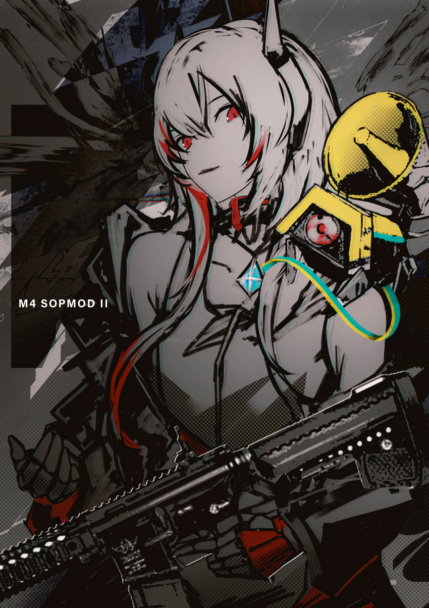 1girl absurdres assault_rifle banana_(girls'_frontline) character_name girls'_frontline gun hair_between_eyes headgear highres holding holding_gun holding_weapon limited_palette long_sleeves looking_at_viewer m4_carbine m4_sopmod_ii m4_sopmod_ii_(girls'_frontline) m4_sopmod_ii_(mod3)_(girls'_frontline) mechanical_arms medium_hair megaphone non-humanoid_robot rifle robot tfnfe_sach upper_body weapon