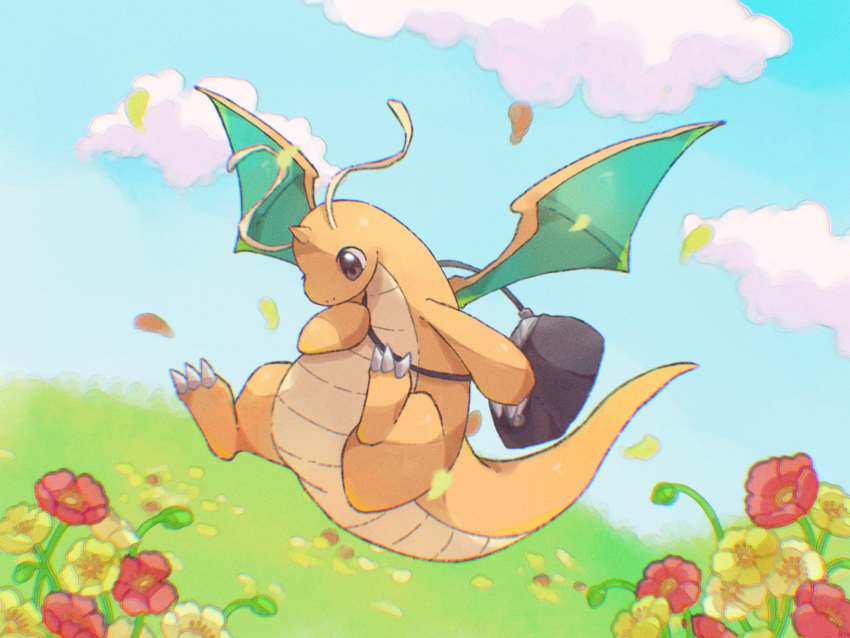 animal_focus bag blue_sky brown_eyes cloud commentary_request dragon dragonite flower grass highres holding holding_bag horizon no_humans pokemon pokemon_(creature) sky towa_(clonea)