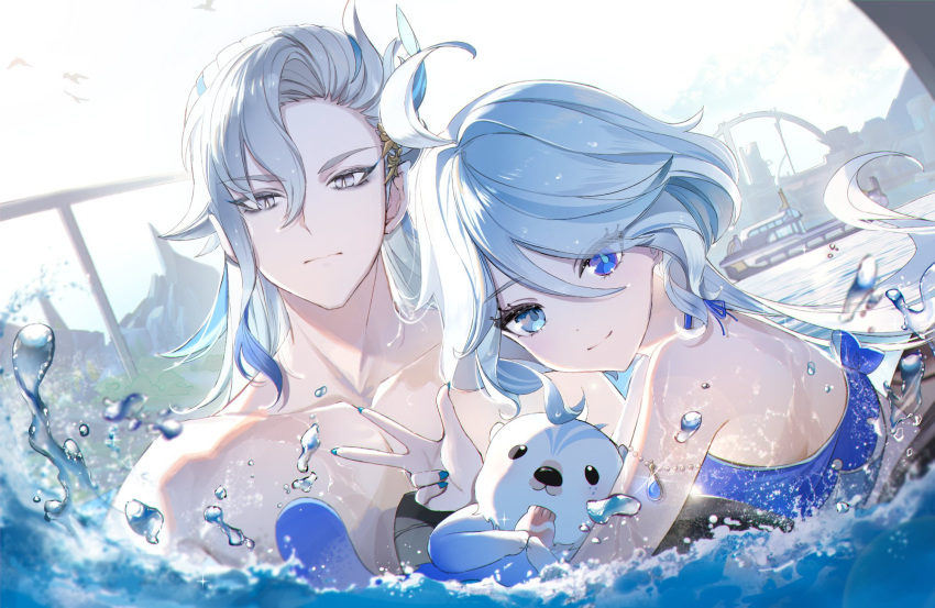 1boy 1girl ahoge armlet bare_shoulders bikini bird blue_bikini blue_eyes blue_eyeshadow blue_hair blue_nails bridge city closed_mouth collarbone commentary day drop-shaped_pupils expressionless eyelashes eyeshadow fingernails flock furina_(genshin_impact) genshin_impact glint hair_between_eyes hair_intakes hair_ornament hand_up heterochromia highres isobe47 long_hair looking_at_viewer looking_to_the_side makeup mismatched_pupils mountain multicolored_hair nail_polish neuvillette_(genshin_impact) otter outdoors parted_bangs partially_submerged partially_underwater_shot pointy_ears purple_eyes ship sidelocks smile streaked_hair swept_bangs swimsuit symbol-shaped_pupils upper_body w water water_drop watercraft white_hair