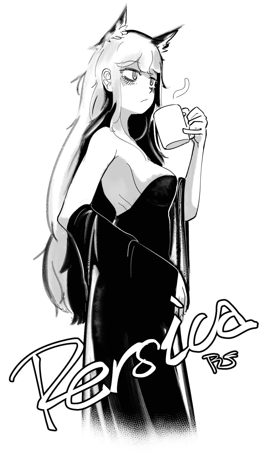 1girl :/ alternate_costume animal_ears backless_dress backless_outfit bags_under_eyes bare_shoulders breasts cat_ears character_name closed_mouth coffee_mug commentary cropped_legs cup detached_sleeves dress english_commentary girls'_frontline greyscale highres holding holding_cup long_hair medium_breasts monochrome mug persica_(girls'_frontline) pinky_out radish_p signature simple_background solo strapless strapless_dress very_long_hair white_background
