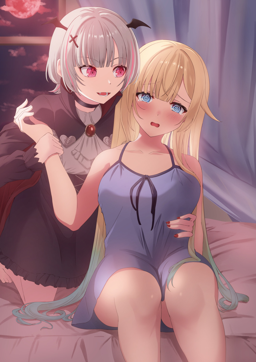2girls @_@ absurdres aizawa_ema ascot asumi_sena bare_shoulders barefoot bed black_cape black_choker black_skirt blonde_hair blue_eyes blue_hair blue_nightgown blunt_bangs blush cape choker cloud cross_hair_ornament curtains drawstring fangs gradient_hair grey_hair hair_flaps hair_ornament hand_on_another's_waist head_wings high-waist_skirt highres holding_another's_wrist indoors ju_ki_a long_hair looking_at_another looking_at_viewer mini_wings moon multicolored_hair multiple_girls night nightgown on_bed open_mouth pink_hair red_cape red_moon red_nails ringed_eyes shirt short_hair sitting skirt streaked_hair tearing_up two-tone_cape vampire very_long_hair virtual_youtuber vspo! white_shirt window wings yuri