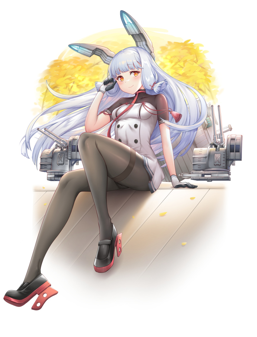 1girl black_pantyhose breasts chaun dress floating_headgear full_body grey_hair hair_ribbon headgear highres kantai_collection long_hair machinery murakumo_(kancolle) murakumo_kai_ni_(kancolle) necktie orange_eyes pantyhose red_necktie ribbon sidelocks small_breasts smile solo thighband_pantyhose tress_ribbon white_dress