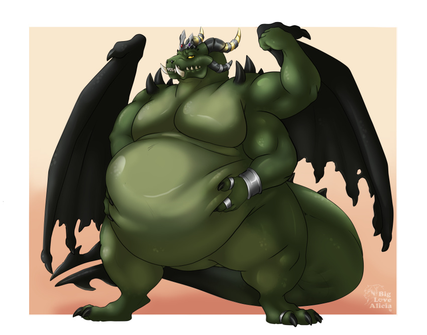 2018 5_horns anthro biceps big_moobs biglovealicia biped border bracelet claws digit_ring digitigrade dragon finger_claws finger_ring full-length_portrait green_body hi_res horn horn_jewelry horn_ring huge_belly jewelry looking_at_viewer male membrane_(anatomy) membranous_wings moobs multi_horn obese obese_male overweight overweight_male portrait ring ring_(jewelry) signature simple_background solo solo_focus standing tail thick_tail thick_thighs toe_claws toe_ring white_border wings yellow_eyes