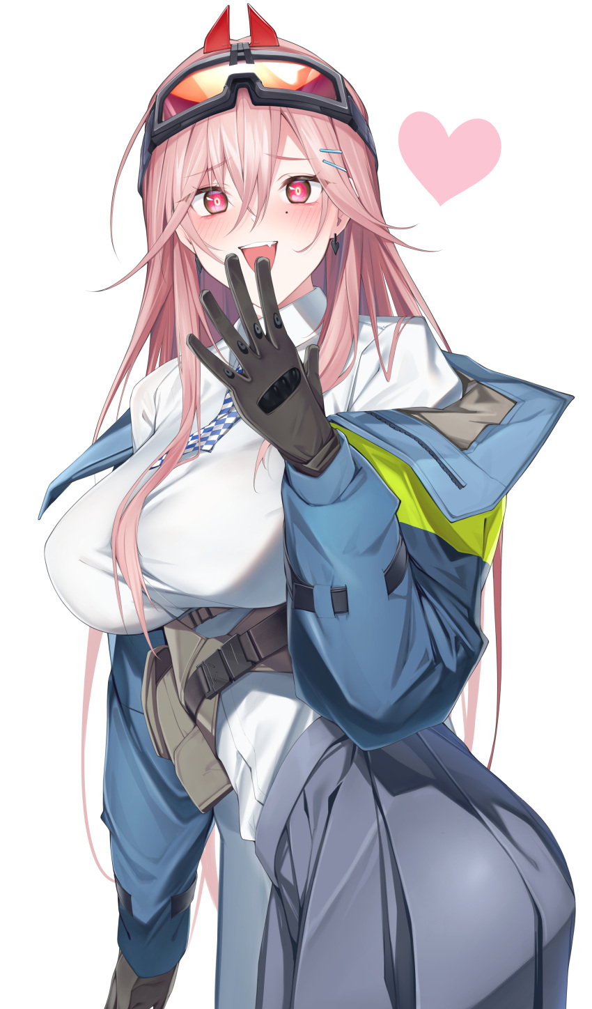1girl absurdres blue_coat blush breasts brown_gloves checkered_necktie coat commentary commentary_request earrings fang girls'_frontline gloves goggles goggles_on_head hair_between_eyes hair_ornament hairclip hand_up heart highres jewelry large_breasts long_hair long_sleeves looking_at_viewer mole mole_under_eye necktie open_mouth pink_eyes pink_hair r_oot shirt shirt_tucked_in sig_mcx_(girls'_frontline) simple_background skirt solo white_background white_shirt