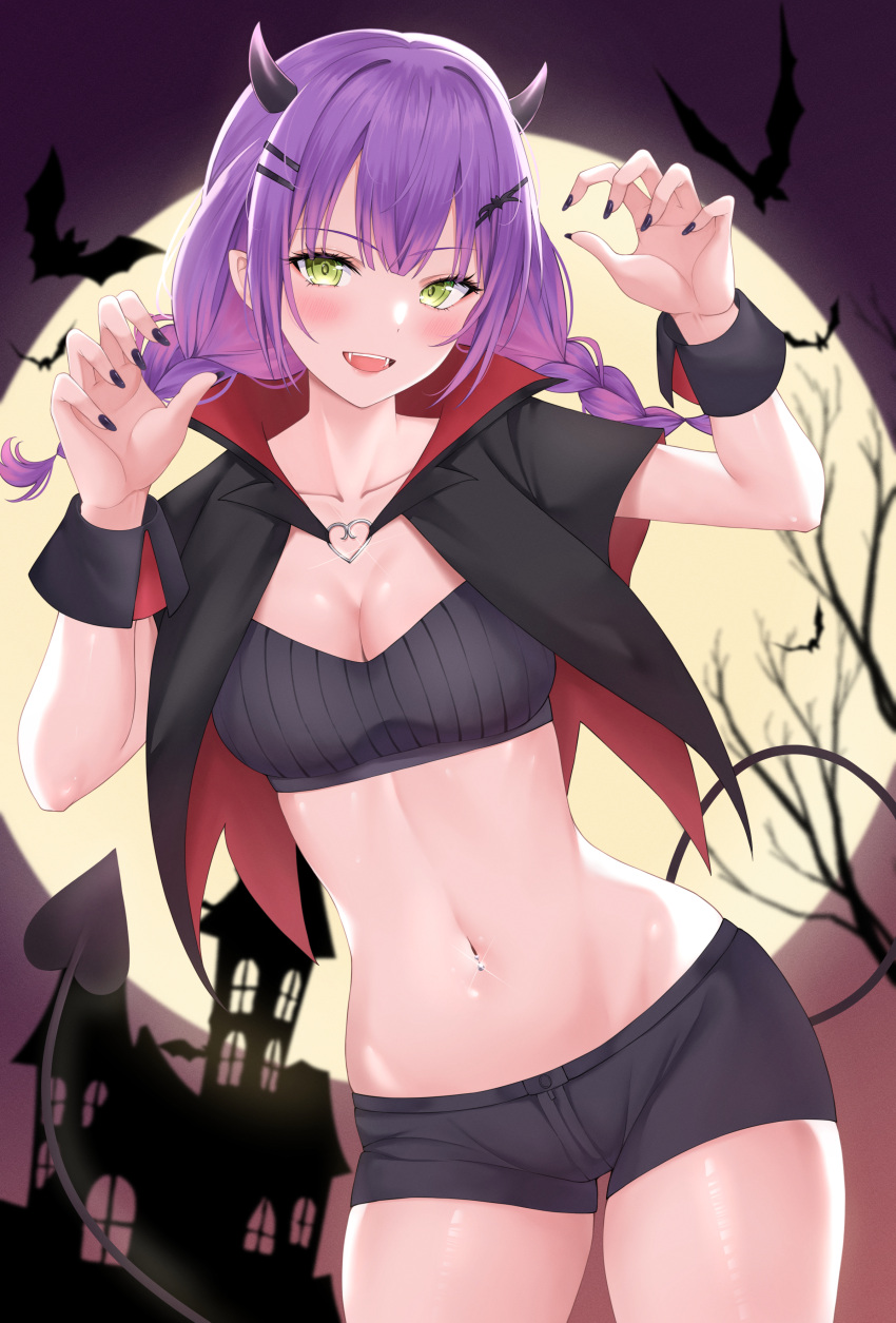 1girl absurdres bat_(animal) bat_hair_ornament black_cape black_nails blush braid breasts cape cleavage crop_top demon_girl demon_horns demon_tail fangs green_eyes hair_ornament hairpin highres hololive horns looking_at_viewer moon multicolored_hair nail_polish navel open_mouth pink_hair pointy_ears purple_hair shinigami_kiraki small_breasts streaked_hair tail teeth tokoyami_towa twin_braids upper_teeth_only virtual_youtuber