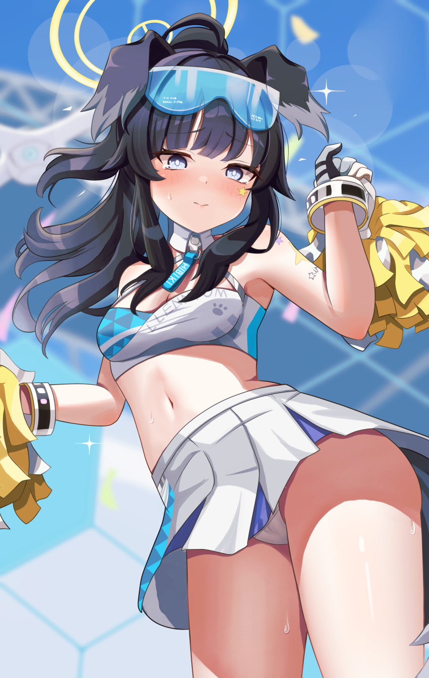 1girl absurdres animal_ears arm_up armpits black_hair blue_archive blue_eyes blue_sky blunt_bangs blurry blush breasts cheerleader choker confetti depth_of_field detached_collar dog_ears dog_girl dog_tail eyewear_on_head from_below halo hibiki_(blue_archive) hibiki_(cheerleader)_(blue_archive) highres holding holding_pom_poms long_hair looking_at_viewer millennium_cheerleader_outfit_(blue_archive) musson navel official_alternate_costume panties pantyshot pleated_skirt pom_pom_(cheerleading) ponytail sidelocks skirt sky sleeveless solo stomach sunglasses sunlight sweat tail underwear upskirt white_panties