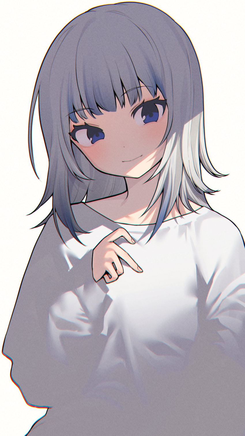 1girl absurdres bingsardina blue_eyes blue_hair blunt_bangs flat_chest gawr_gura grey_hair highres hololive hololive_english long_sleeves medium_hair multicolored_hair shirt sidelocks simple_background smile solo streaked_hair virtual_youtuber white_background white_shirt