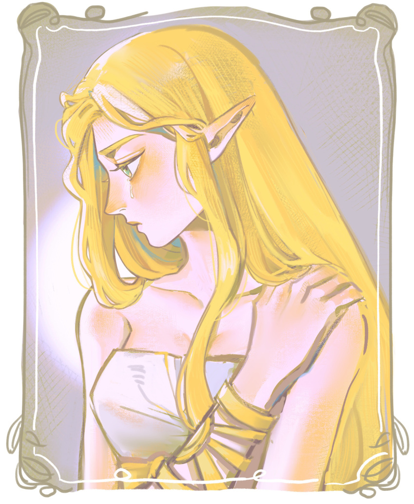 1girl absurdres bare_shoulders blonde_hair border bracer breasts closed_mouth dress green_eyes grey_background hair_flowing_over hand_on_own_shoulder hand_up highres jungujun long_hair looking_down pointy_ears princess_zelda profile sidelocks solo strapless strapless_dress the_legend_of_zelda the_legend_of_zelda:_breath_of_the_wild upper_body white_dress