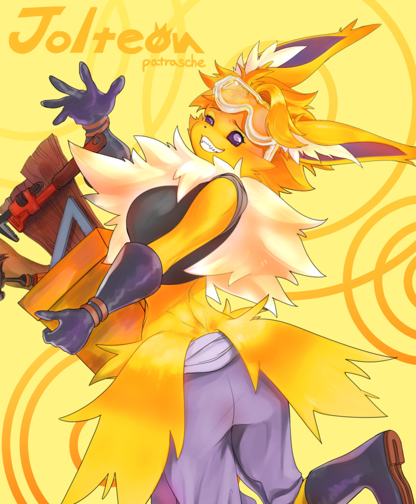 anthro black_clothing black_topwear blonde_hair boots butt_tuft clenched_teeth clothed clothing crop_top eeveelution eyewear eyewear_on_head female footwear fur generation_1_pokemon gloves goggles goggles_on_head hair hammer handwear hi_res inner_ear_fluff jolteon jumpsuit looking_back neck_tuft nintendo patrasche99 pokemon pokemon_(species) purple_eyes rear_view safety_glasses shirt small_waist smile smug_face solo teeth toolbox tools topwear tuft wrench yellow_body yellow_fur