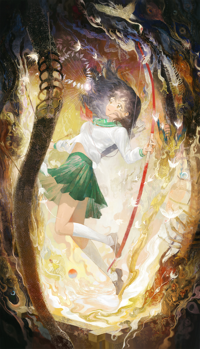 1girl absurdres black_footwear black_hair bow_(weapon) brown_eyes daylightallure floating_hair full_body fuurinkan_high_school_uniform green_sailor_collar green_skirt highres higurashi_kagome holding holding_bow_(weapon) holding_weapon inuyasha kneehighs loafers long_hair long_sleeves looking_up midriff miniskirt neckerchief pleated_skirt red_neckerchief sailor_collar sailor_shirt school_uniform shirt shoes skirt socks solo straight_hair weapon white_shirt white_socks