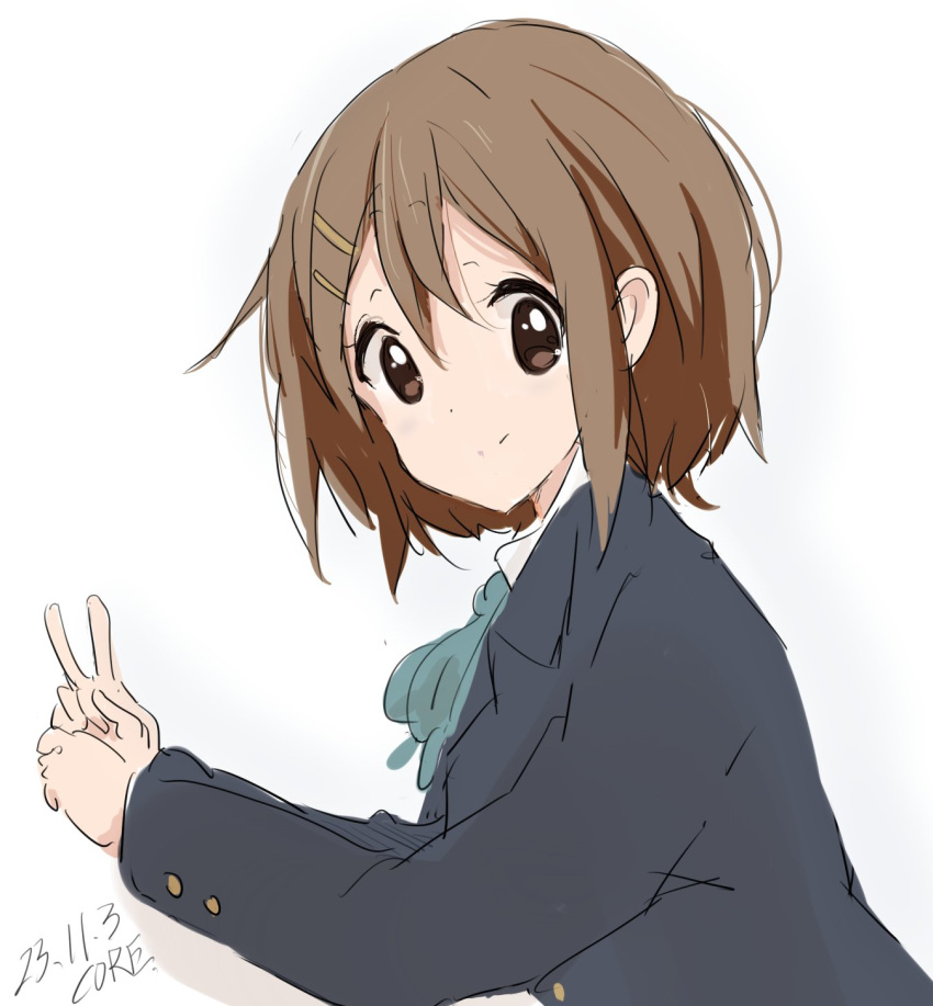 1girl artist_name black_jacket blazer blue_ribbon brown_eyes brown_hair closed_mouth collared_shirt commentary_request core_(mayomayo) dated hair_ornament hairclip highres hirasawa_yui jacket k-on! long_sleeves looking_at_viewer neck_ribbon ribbon sakuragaoka_high_school_uniform school_uniform shirt short_hair simple_background smile solo split_mouth upper_body v white_background white_shirt