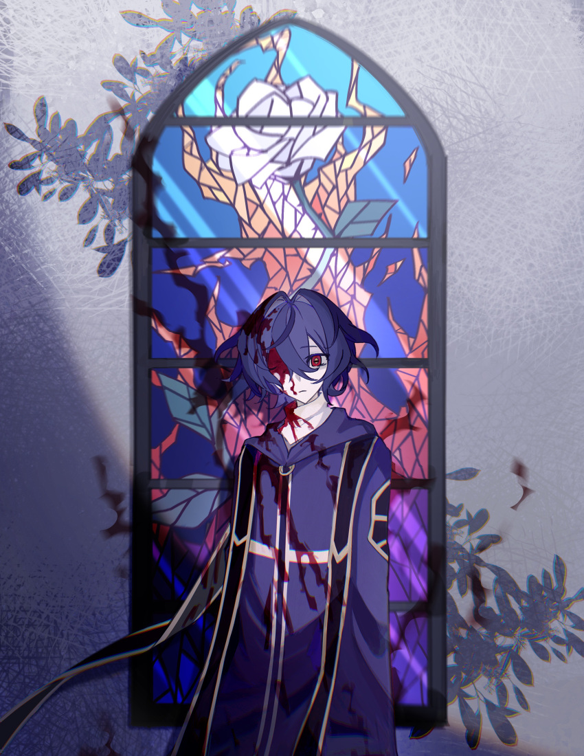 1boy absurdres bleeding_from_forehead blood blood_in_hair blood_on_clothes blood_on_face blue_hair bright_pupils closed_mouth dark_blue_hair fire_(shengchigerenwohenbaoqian) hair_between_eyes hair_intakes highres hood hood_down hooded_robe long_sleeves male_focus pale_skin purple_robe red_eyes robe saibou_shinkyoku shirt short_hair solo stained_glass stole utsugi_noriyuki white_pupils white_shirt