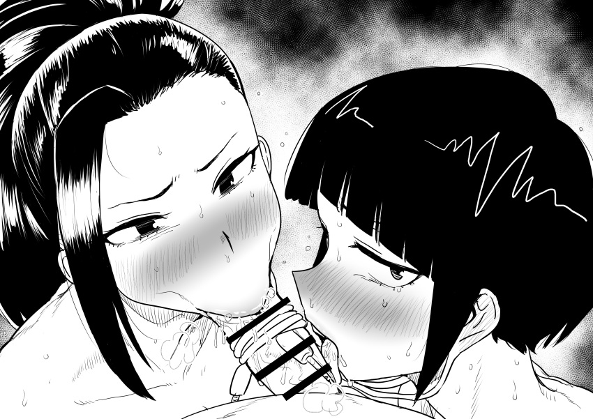 2girls :&gt;= absurdres asymmetrical_bangs audio_jack bar_censor blunt_bangs blush boku_no_hero_academia breath censored cooperative_fellatio fellatio ffm_threesome furrowed_brow greyscale group_sex hair_pulled_back hetero highres jirou_kyouka kaiman_garupan licking licking_penis long_earlobes long_hair looking_at_viewer looking_to_the_side monochrome multiple_girls open_mouth oral penis portrait pov saliva short_hair steaming_body sweat threesome tongue tongue_out yaoyorozu_momo