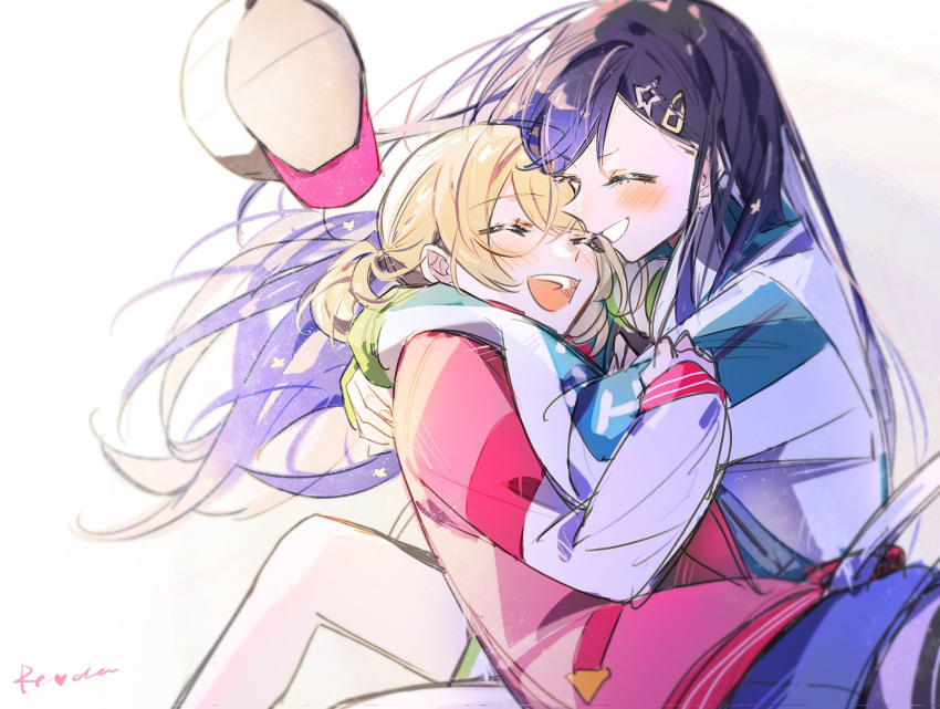 2girls azusawa_kohane black_hair blonde_hair blue_hair blush closed_eyes commentary gradient_hair hair_ornament hairclip headwear_removed heart highres hug jacket jingzhaowhale long_hair long_sleeves multicolored_hair multiple_girls open_mouth project_sekai shiraishi_an short_twintails shorts smile teeth twintails upper_teeth_only yuri