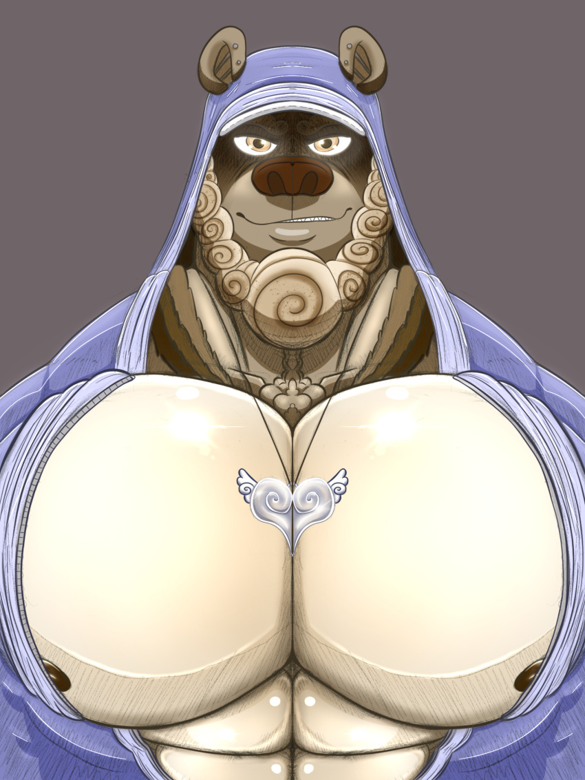 abs anthro bear big_breasts breasts clothed clothing hi_res hood hoodie jewelry male mammal necklace nipples open_clothing open_topwear pectoral_bulge prick_ears ryanburr solo topwear ursine