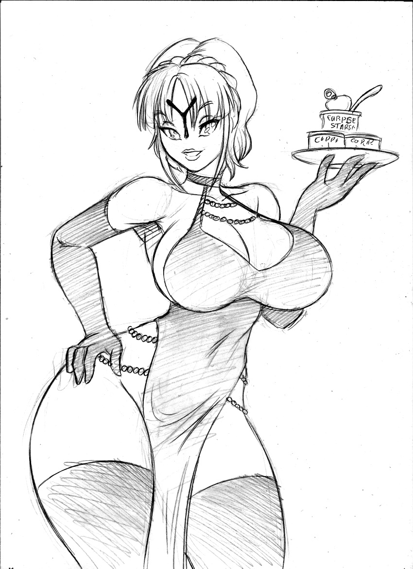 2023 absurd_res alien armwear big_breasts black_and_white breasts chochi choker cleavage cleavage_cutout clothed clothing dress elbow_gloves female gloves graphite_(artwork) greyscale hand_on_hip handwear hi_res humanoid jewelry legwear looking_at_viewer monochrome necklace pencil_(artwork) serving_tray sketch solo t'au_(warhammer) thigh_highs traditional_media_(artwork) warhammer_(franchise) warhammer_40000 wide_hips