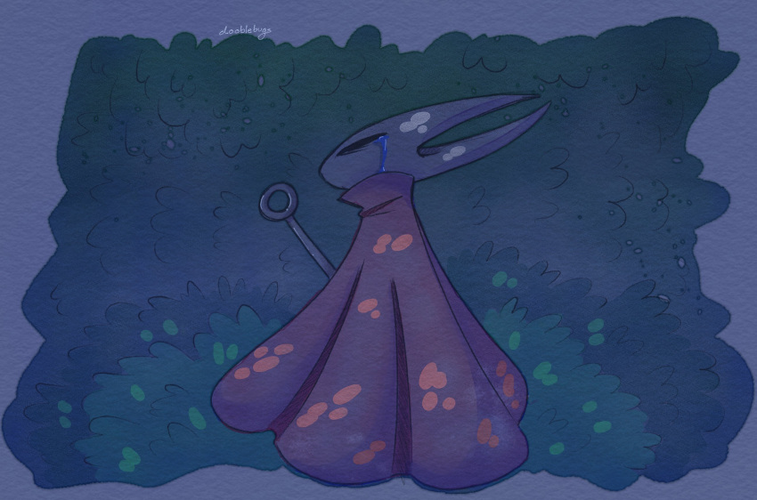 2_horns ambiguous_gender animal_humanoid anthro arthropod arthropod_humanoid artist_name black_eyes bodily_fluids clothed clothing digital_drawing_(artwork) digital_media_(artwork) dooblebugs female_(lore) grass hi_res hollow_knight horn hornet_(hollow_knight) humanoid nail_(weapon) plant red_cloak shaded solo team_cherry tears