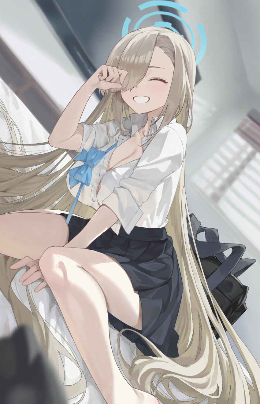 1girl absurdres akipopopopoon arm_between_legs asuna_(blue_archive) bag bed black_skirt blonde_hair blue_archive bow bowtie bowtie_removed breasts cleavage closed_eyes collared_shirt commentary_request facing_viewer foot_out_of_frame grin hair_over_one_eye halo hand_up highres indoors long_hair on_bed partially_unbuttoned pleated_skirt school_bag shirt shirt_tucked_in sitting skirt smile solo very_long_hair wariza white_shirt window window_blinds wing_collar