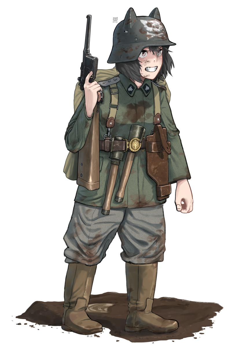 1girl absurdres angry animal_ears black_hair boots brown_eyes brown_footwear brown_pants cat_ears cat_girl explosive green_jacket grenade gun handgun helmet highres jacket mauser_c96 military military_helmet military_uniform mud original pants solo stahlhelm stielhandgranate the_zombie5555 uniform weapon wehrmacht white_background