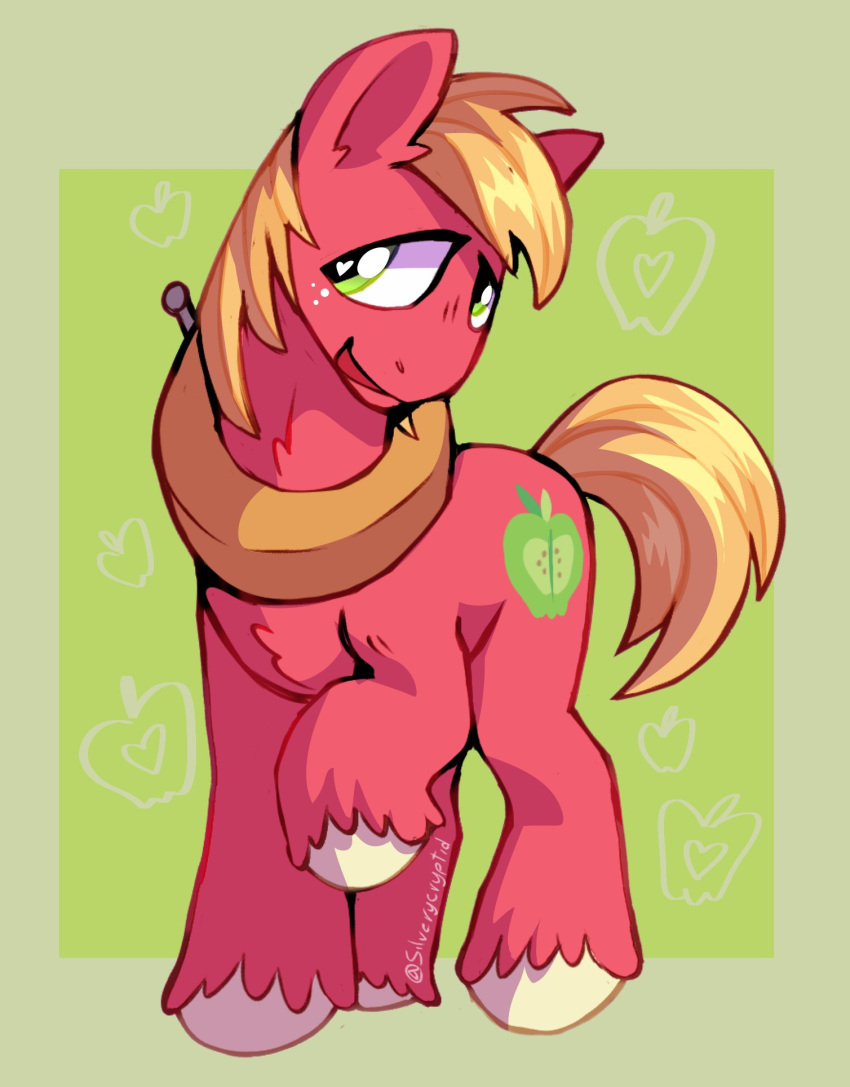 big_macintosh_(mlp) blonde_hair blonde_mane chest_tuft collar cutie_mark earth_pony equid equine feral freckles friendship_is_magic fur green_eyes hair hasbro hi_res hooves horse male mammal mane my_little_pony pony red_body red_fur signature silverycryptid smile solo tail tuft yellow_tail