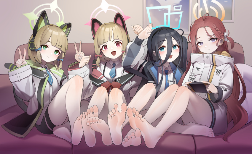 4girls absurdres animal_ear_headphones animal_ears aris_(blue_archive) bare_legs barefoot blue_archive blue_necktie blush controller couch double_v fake_animal_ears game_controller game_development_department_(blue_archive) halo headphones highres holding holding_controller holding_game_controller knees_up looking_at_viewer midori_(blue_archive) momoi_(blue_archive) multiple_girls necktie on_couch school_uniform sitting soles toes v xiamu_chiyu yuzu_(blue_archive)