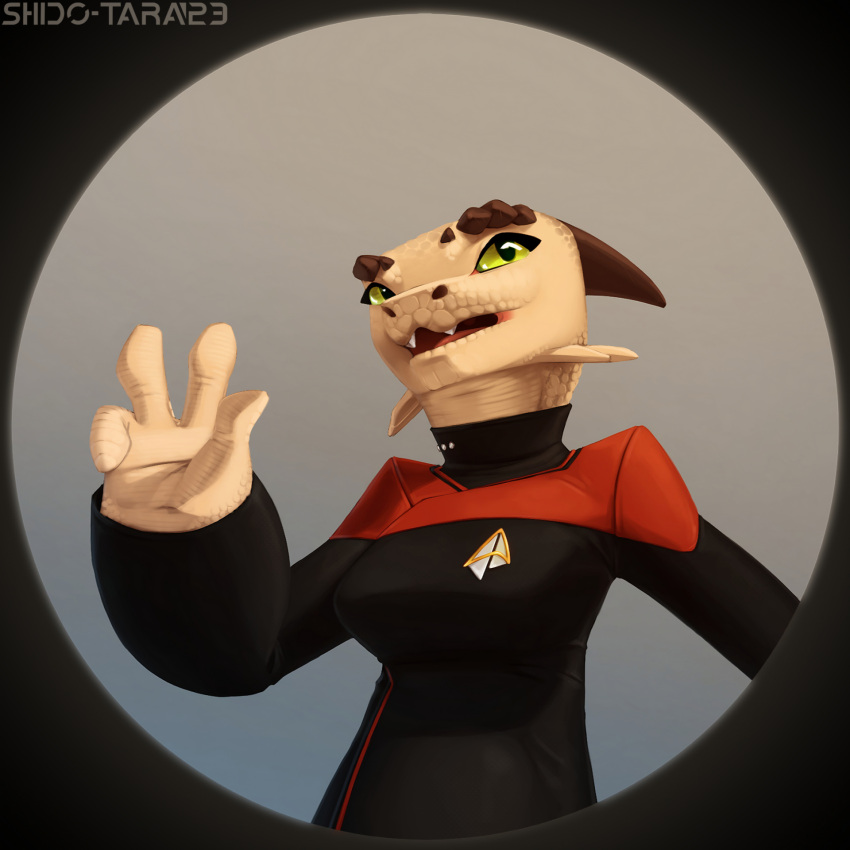 1:1 6-9 alien anthro badge clothed clothing cybernetics cyborg female hi_res horn lizard looking_up machine portrait raised_arm reptile scales scalie shido-tara simple_background solo star_trek star_trek_picard star_trek_the_next_generation starfleet_uniform tan_body