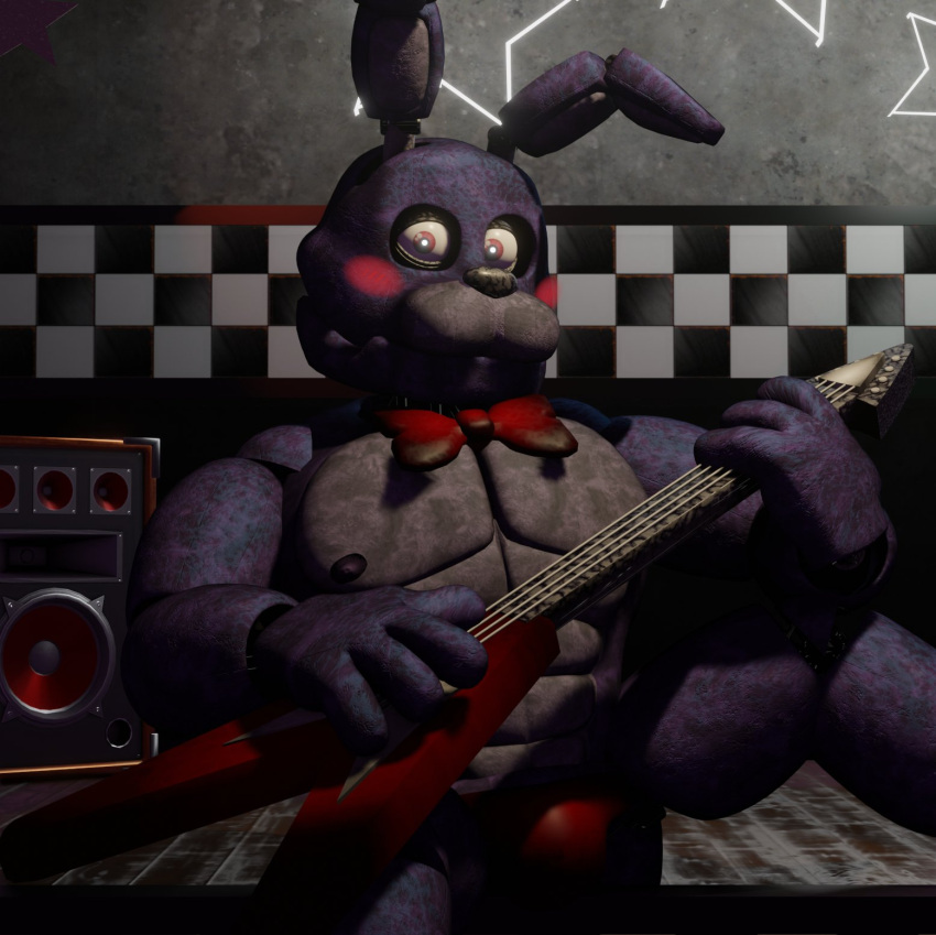 abs animatronic black_nose blush bonnie_(fnaf) bow_accessory bow_tie bulge clothing electric_guitar five_nights_at_freddy's guitar hi_res humanoid indigo_fur lagomorph leporid machine male mammal muscular muscular_male musical_instrument nipples on_stage pink_eyes playing_guitar playing_music plucked_string_instrument polishbonnie rabbit red_blush red_bow red_bow_tie red_clothing red_guitar red_underwear robot robot_humanoid scottgames sitting solo string_instrument underwear