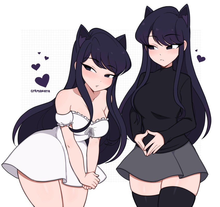 1girl animal_ears artist_name black_eyes black_hair black_shirt black_thighhighs blush breasts cat_ears cowboy_shot cremanata dress grey_skirt heart highres komi-san_wa_komyushou_desu komi_shouko long_hair looking_at_viewer medium_breasts multiple_views shirt simple_background skirt strapless strapless_dress thighhighs watermark white_background white_dress