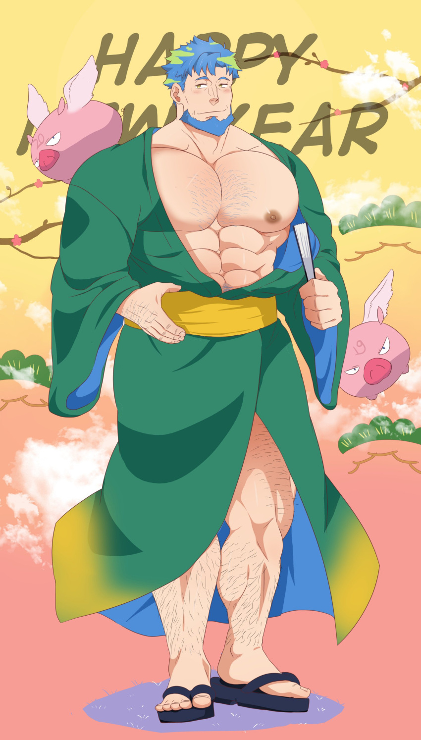 1boy abs absurdres aqua_hair arm_hair bara bare_pectorals blush body_hair chest_hair chinese_zodiac ducka98 earth-chan earth-ojisan facial_hair full_body genderswap genderswap_(ftm) goatee gradient_hair green_hair green_kimono hairy hand_fan happy_new_year highres japanese_clothes kimono large_pectorals leg_hair looking_to_the_side male_focus mature_male multicolored_hair muscular muscular_male nipples old old_man open_clothes open_kimono original parody pectorals short_hair sideburns solo standing thick_thighs thighs year_of_the_pig