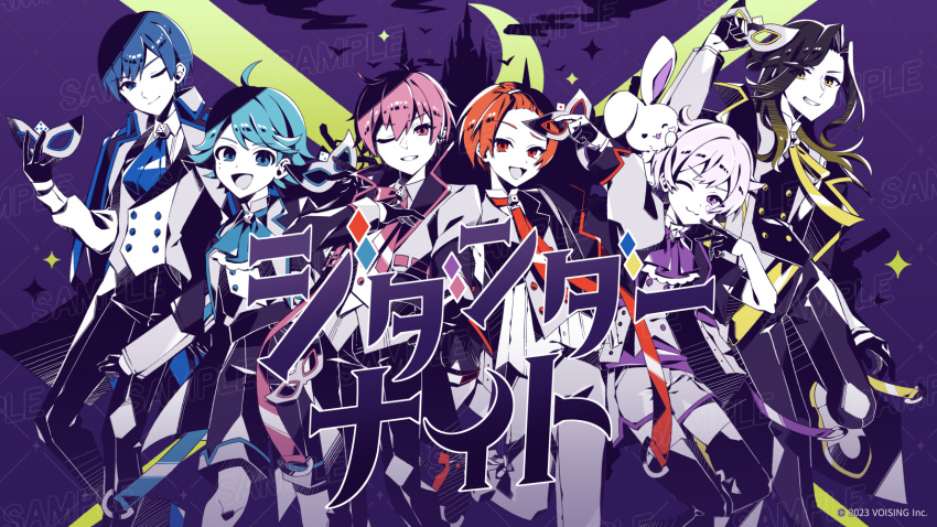 :d ;) arm_up bangs_pinned_back black_hair blonde_hair blue_eyes blue_hair castle character_request cloud collared_shirt commentary_request eye_mask forehead gloves gradient_hair grey_hair grin half_gloves hand_up highres holding holding_mask hotoke_(ireisu) ireisu jacket long_sleeves mask mask_removed multicolored_hair nou_(nounknown) one_eye_closed open_clothes open_jacket orange_hair pants puffy_long_sleeves puffy_sleeves purple_background purple_eyes purple_hair red_eyes sample_watermark shirt shoes smile vest