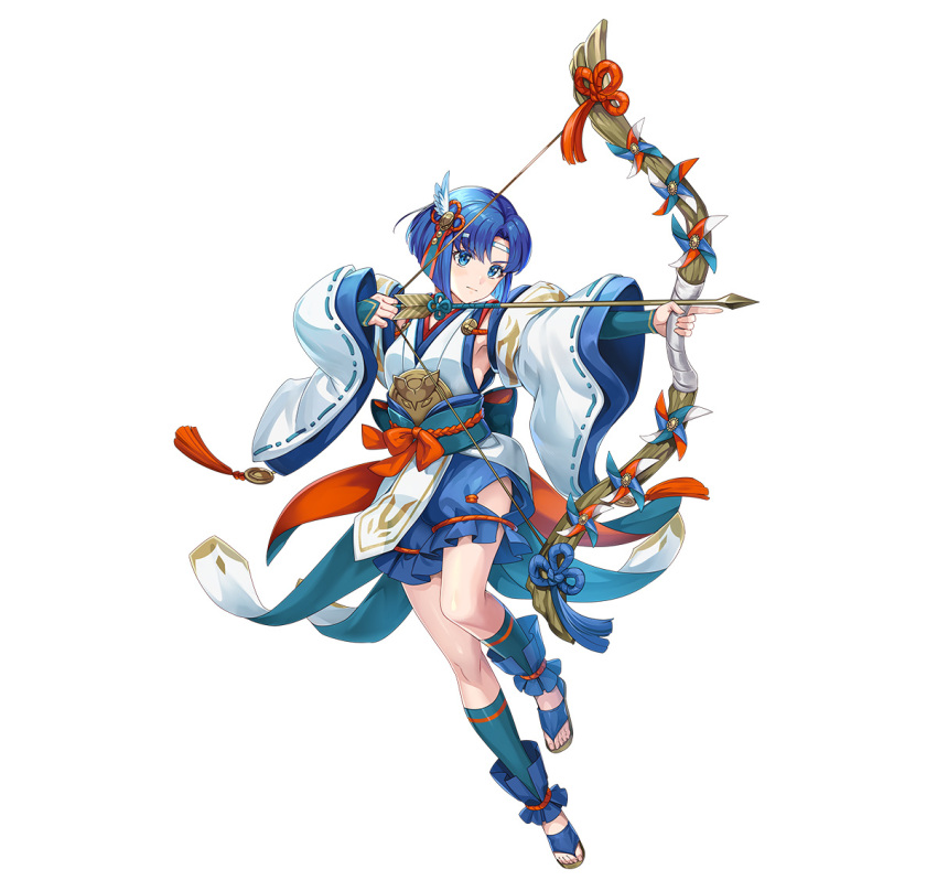 1girl aiming armpits arrow_(projectile) attack bare_shoulders blue_eyes blue_hair bow_(weapon) catria_(fire_emblem) catria_(winds_offered)_(fire_emblem) fire_emblem fire_emblem:_mystery_of_the_emblem fire_emblem_heroes headband holding holding_arrow japanese_clothes non-web_source official_alternate_costume official_art pelvic_curtain rope sandals shimenawa short_hair sleeves_past_wrists solo v-shaped_eyebrows weapon white_background